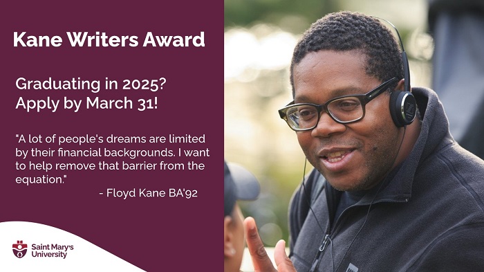 A poster to promote the 2025 Kane Writers Award application process. On the right is an image of Floyd Kane BA'92 on a film set. White text against a maroon background at left:  Kane Writers Award | Graduating in 2025? Apply by November 30!  