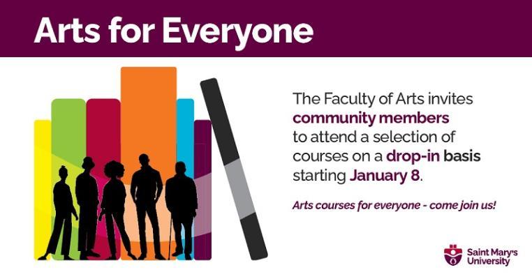 A graphic to help promote the new Arts For Everyone initiative in the Faculty of Arts, launching in September 2024. An illustration shows the silhouettes of five people, standing against some colourful books.